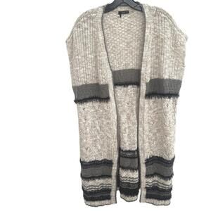 Dex Beige and Gray Knit With Black Fringe Open Front Cardigan Sweater - L-XL